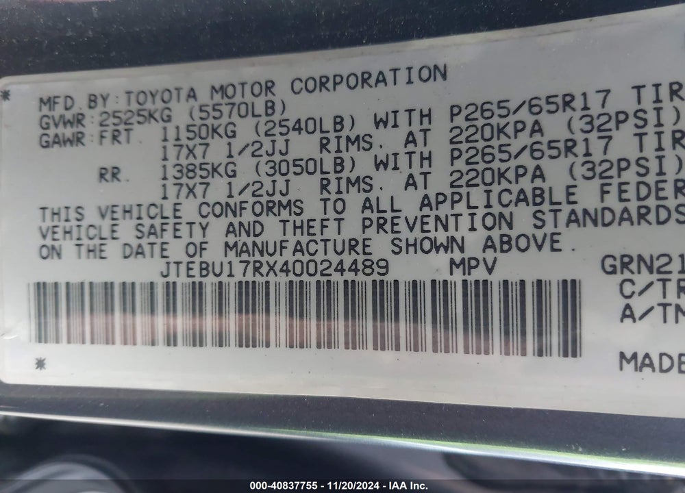 2004 TOYOTA 4RUNNER LIMITED V6 VIN: JTEBU17RX40024489