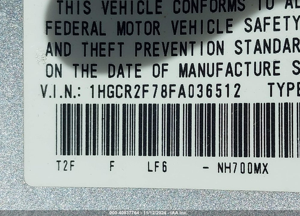 2015 HONDA ACCORD EX VIN: 1HGCR2F78FA036512