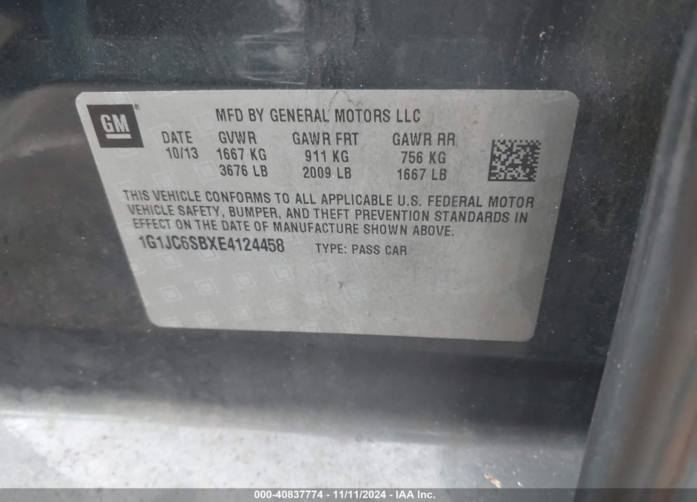 2014 CHEVROLET SONIC LT AUTO VIN: 1G1JC6SBXE4124458