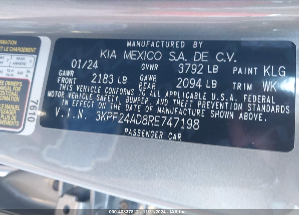 2024 KIA FORTE LXS VIN: 3KPF24AD8RE747198