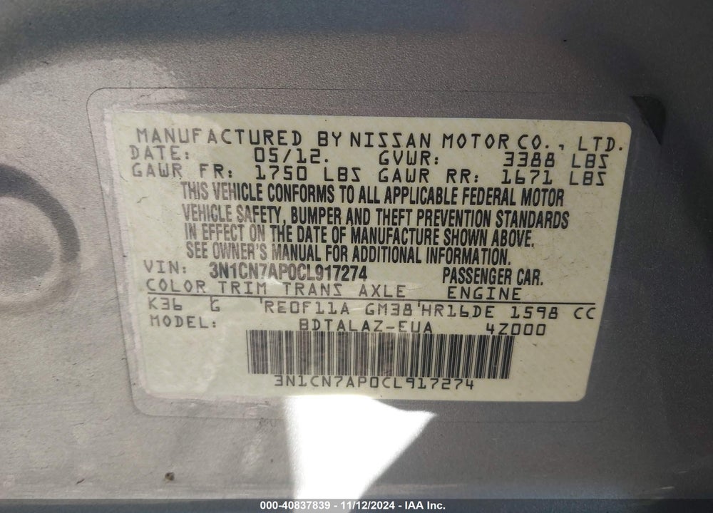 2012 NISSAN VERSA 1.6 S+ VIN: 3N1CN7AP0CL917274