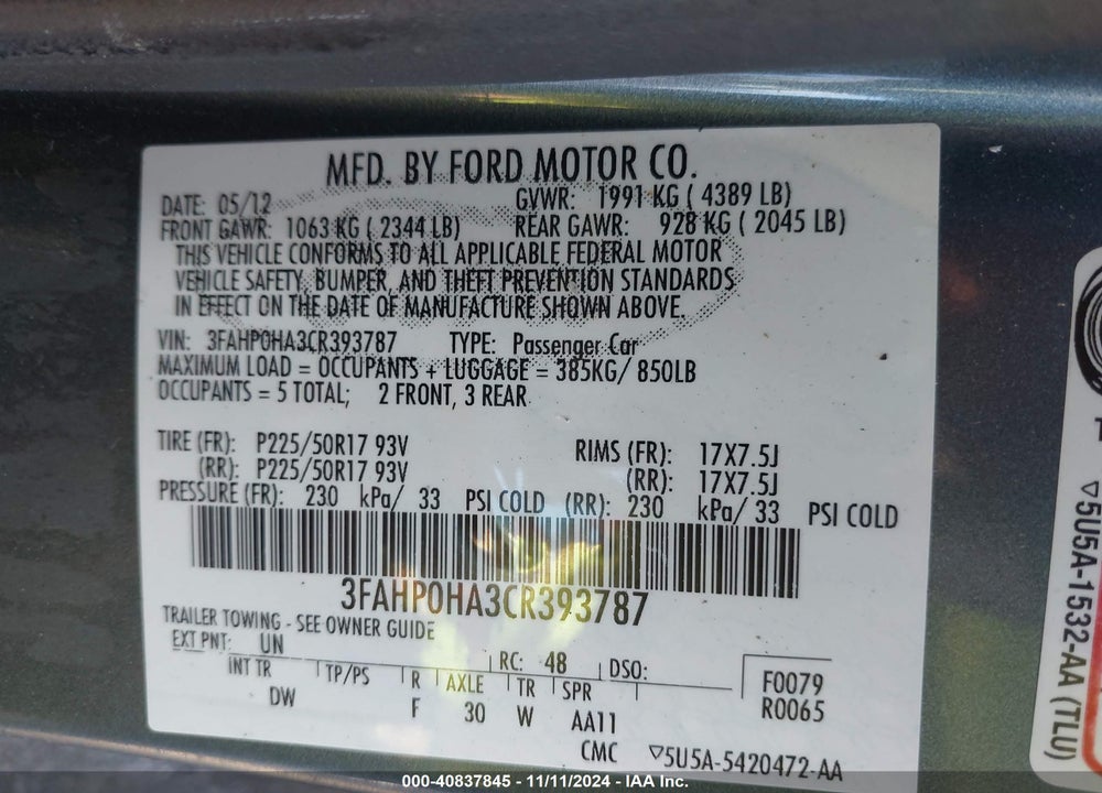 2012 FORD FUSION SE VIN: 3FAHP0HA3CR393787