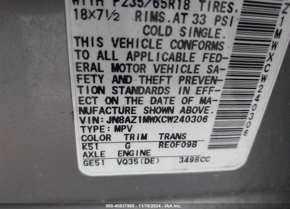 2012 NISSAN MURANO SL VIN: JN8AZ1MWXCW240306