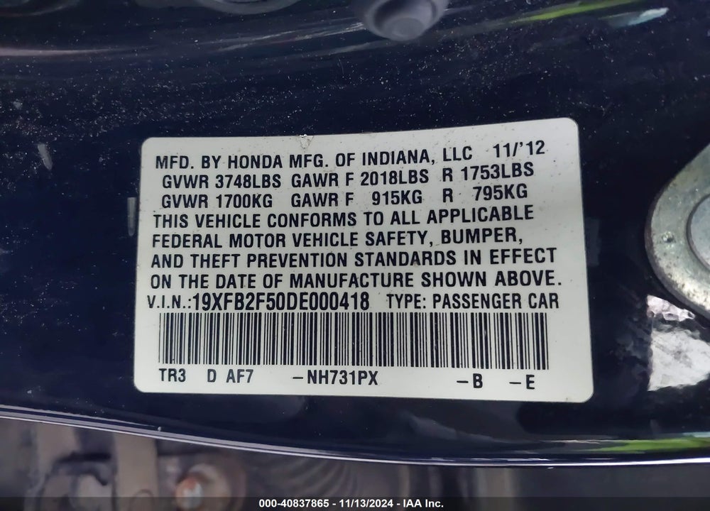 2013 HONDA CIVIC LX VIN: 19XFB2F50DE000418
