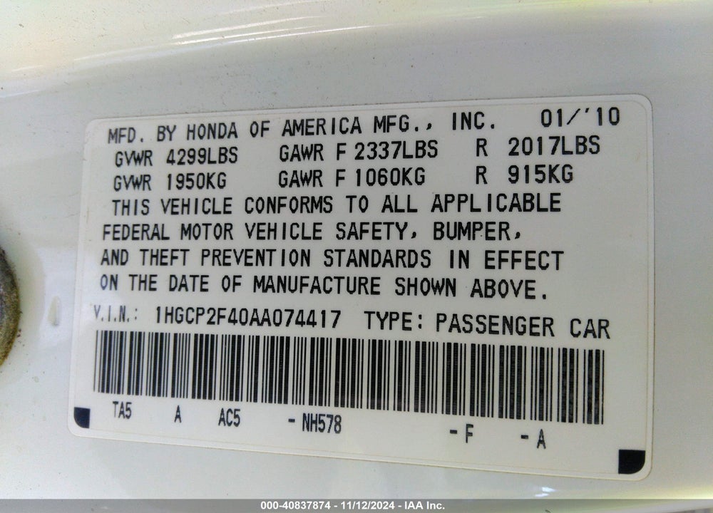 2010 HONDA ACCORD 2.4 LX-P VIN: 1HGCP2F40AA074417