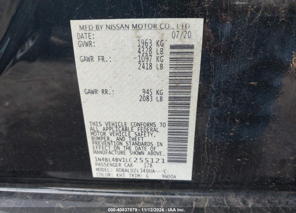 2020 NISSAN ALTIMA S FWD VIN: 1N4BL4BV1LC255121