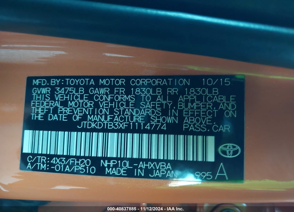 2015 TOYOTA PRIUS C ONE VIN: JTDKDTB3XF1114774