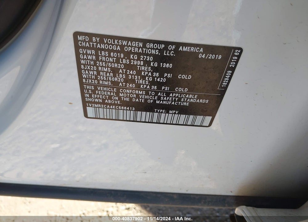 2019 VOLKSWAGEN ATLAS 3.6L V6 SEL VIN: 1V2MR2CA4KC566413