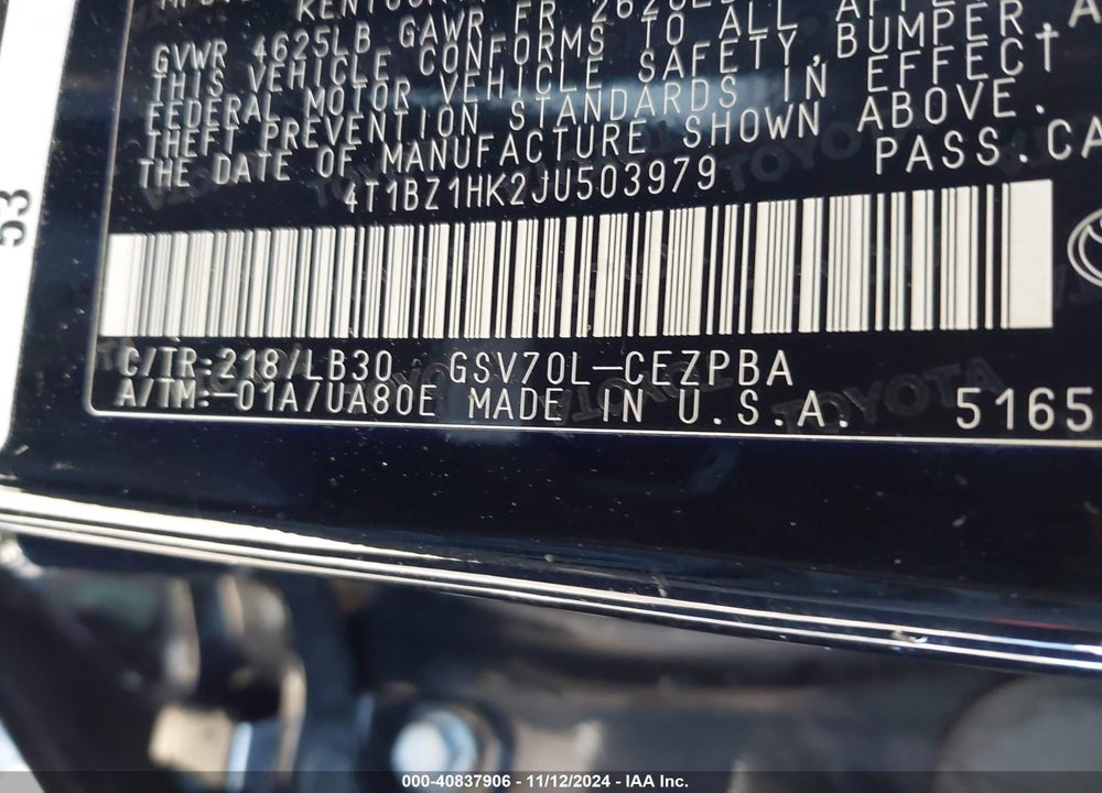 2018 TOYOTA CAMRY XSE V6 VIN: 4T1BZ1HK2JU503979