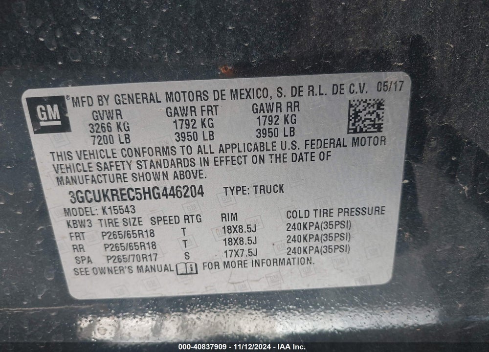 2017 CHEVROLET SILVERADO 1500 2LT VIN: 3GCUKREC5HG446204