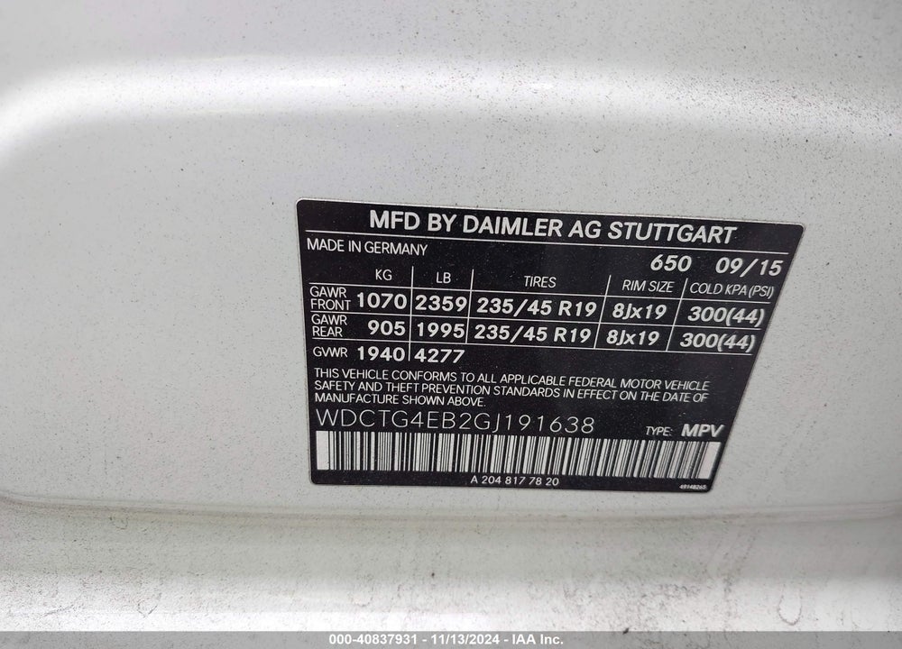 2016 MERCEDES-BENZ GLA 250 VIN: WDCTG4EB2GJ191638