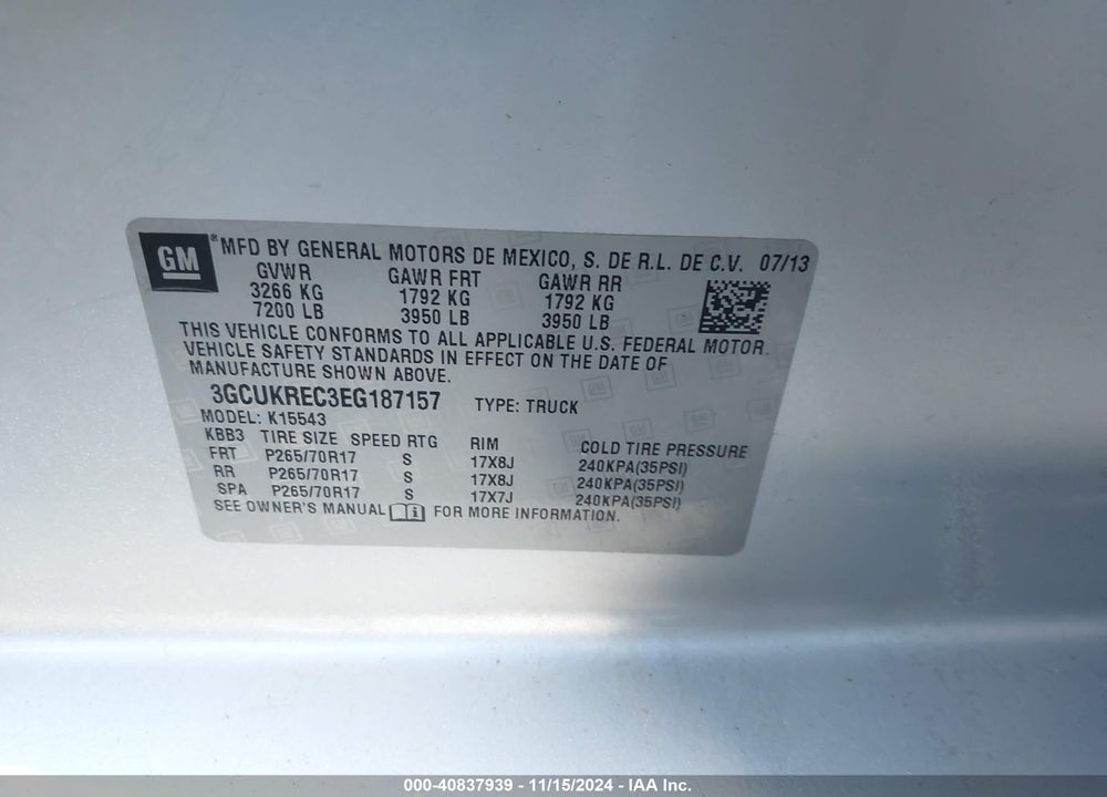 2014 CHEVROLET SILVERADO 1500 2LT VIN: 3GCUKREC3EG187157