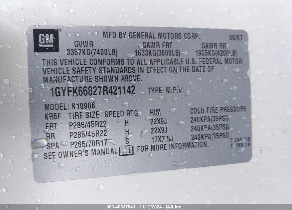 2007 CADILLAC ESCALADE ESV STANDARD VIN: 1GYFK66827R421142