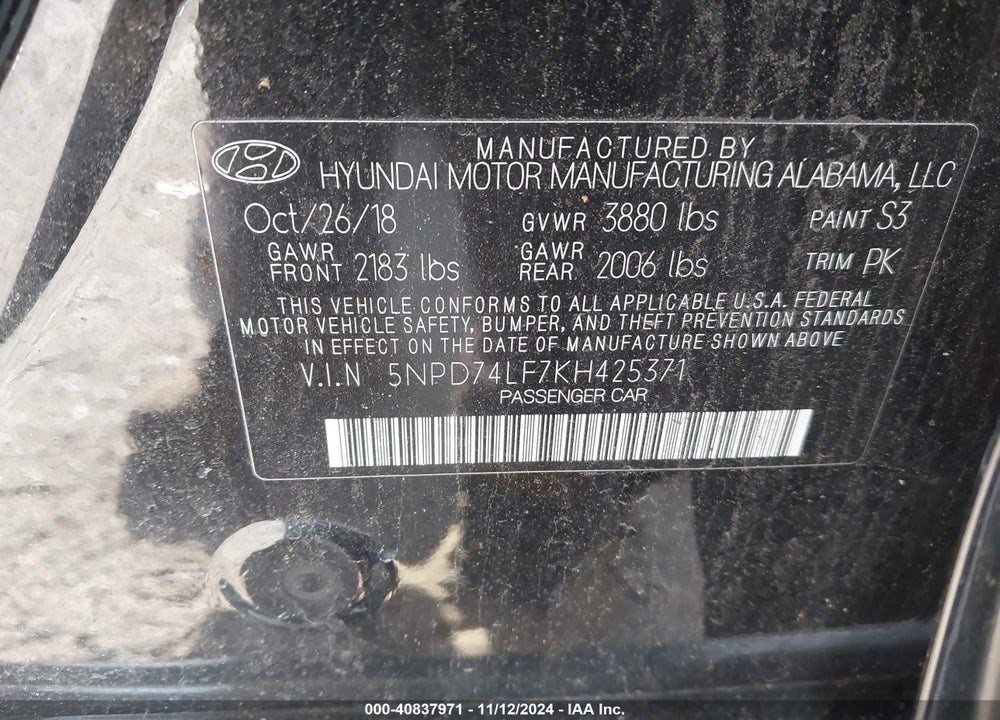 2019 HYUNDAI ELANTRA SE VIN: 5NPD74LF7KH425371