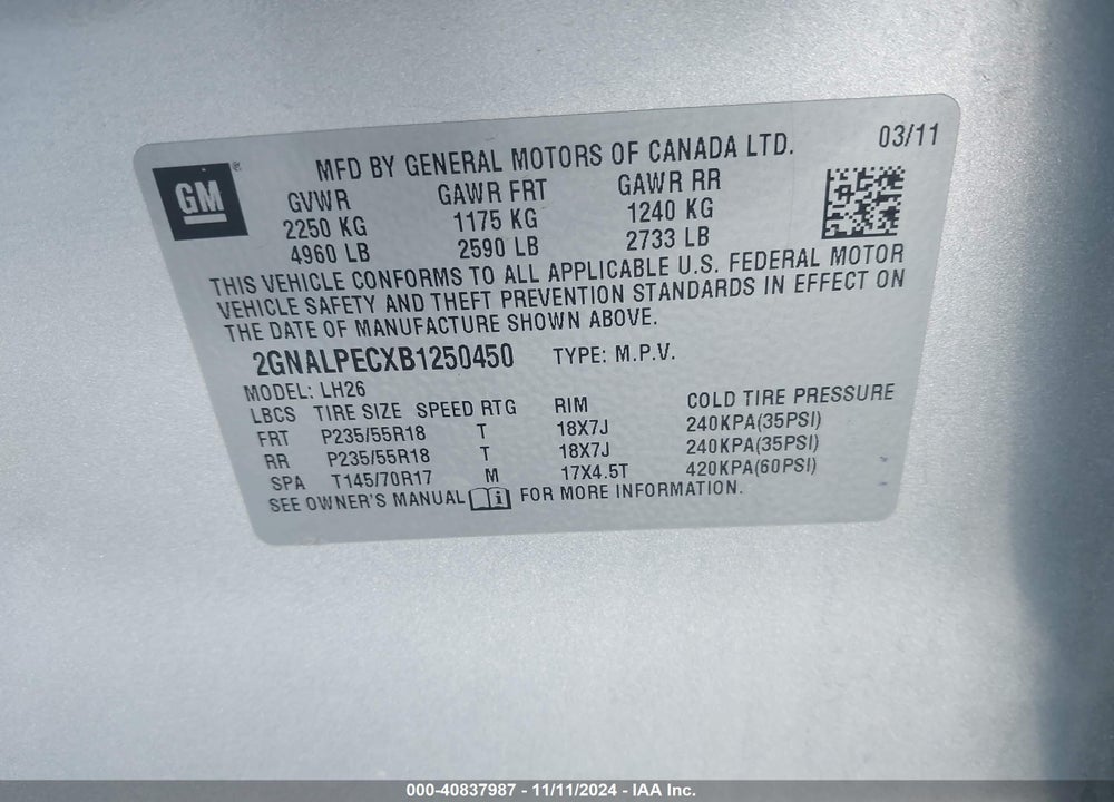 2011 CHEVROLET EQUINOX 2LT VIN: 2GNALPECXB1250450