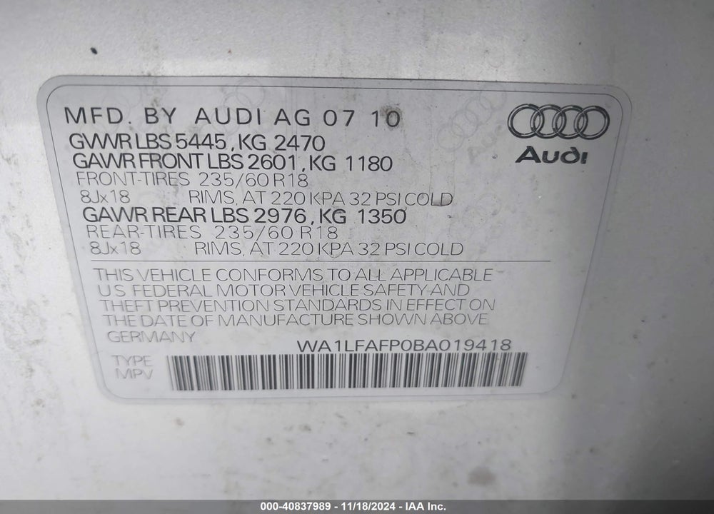 2011 AUDI Q5 2.0T PREMIUM VIN: WA1LFAFP0BA019418