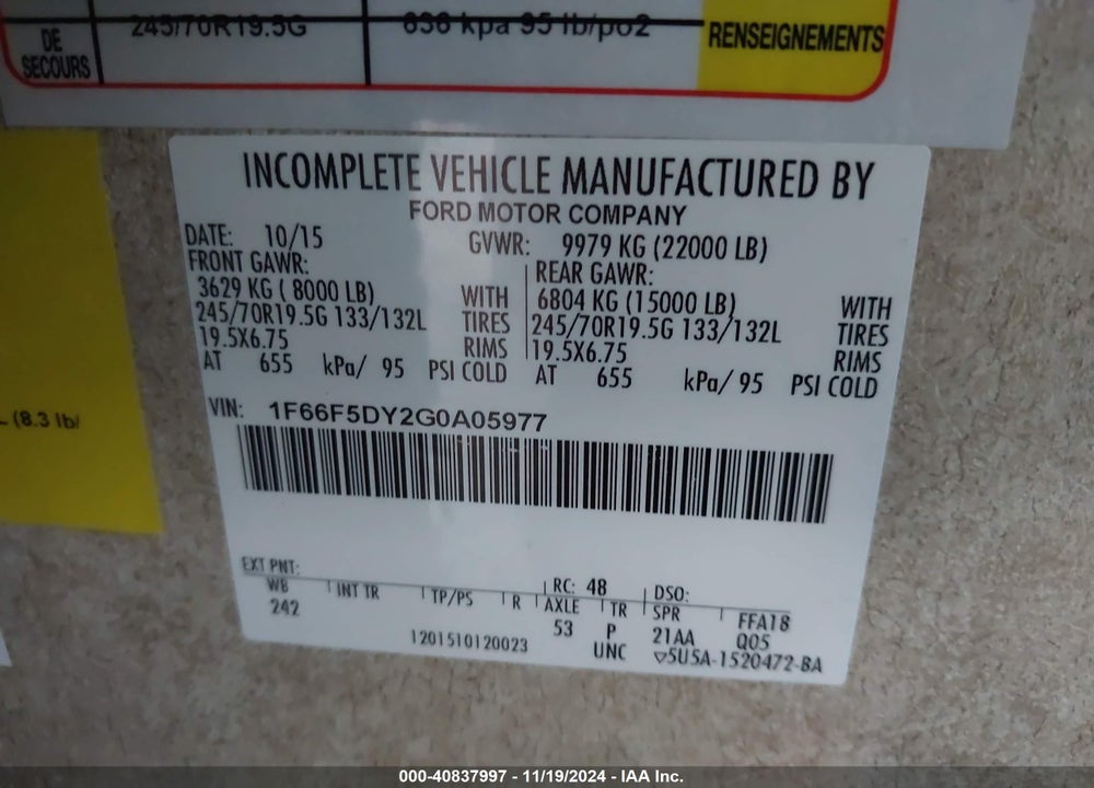 2016 FORD F53 VIN: 1F66F5DY2G0A05977