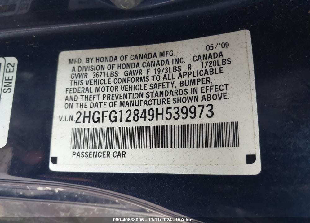 2009 HONDA CIVIC EX VIN: 2HGFG12849H539973