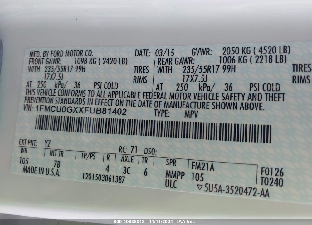 2015 FORD ESCAPE SE VIN: 1FMCU0GXXFUB81402