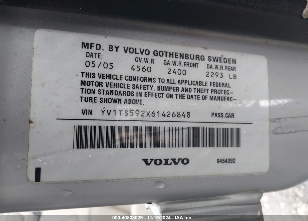 2006 VOLVO S80 2.5T VIN: YV1TS592X61426848