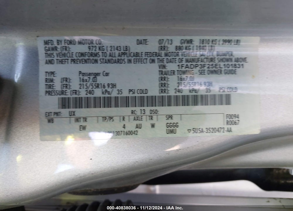 2014 FORD FOCUS SE VIN: 1FADP3F25EL101831