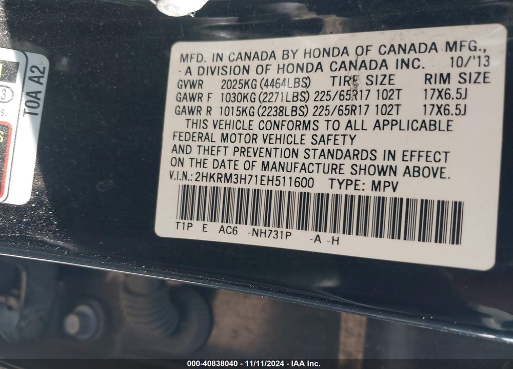 2014 HONDA CR-V EX-L VIN: 2HKRM3H71EH511600