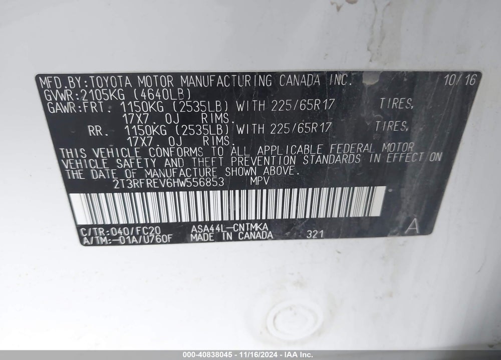 2017 TOYOTA RAV4 XLE VIN: 2T3RFREV6HW556853