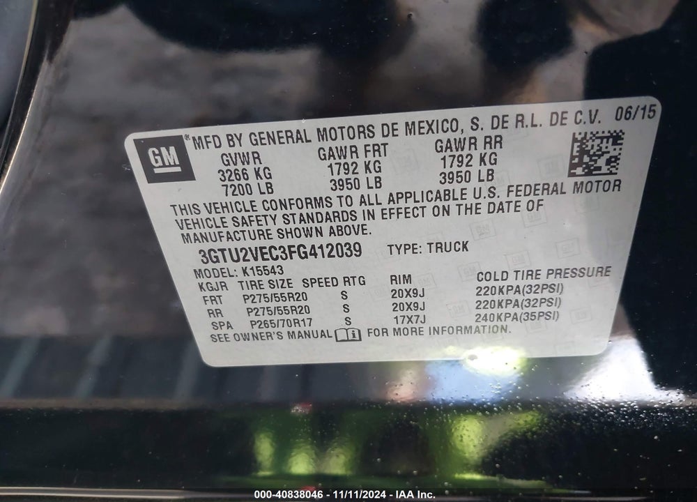 2015 GMC SIERRA 1500 SLT VIN: 3GTU2VEC3FG412039