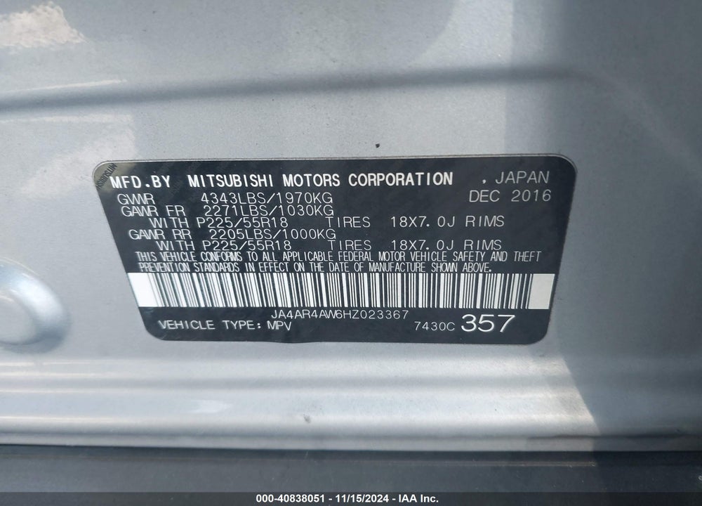 2017 MITSUBISHI OUTLANDER SPORT 2.4 SEL VIN: JA4AR4AW6HZ023367