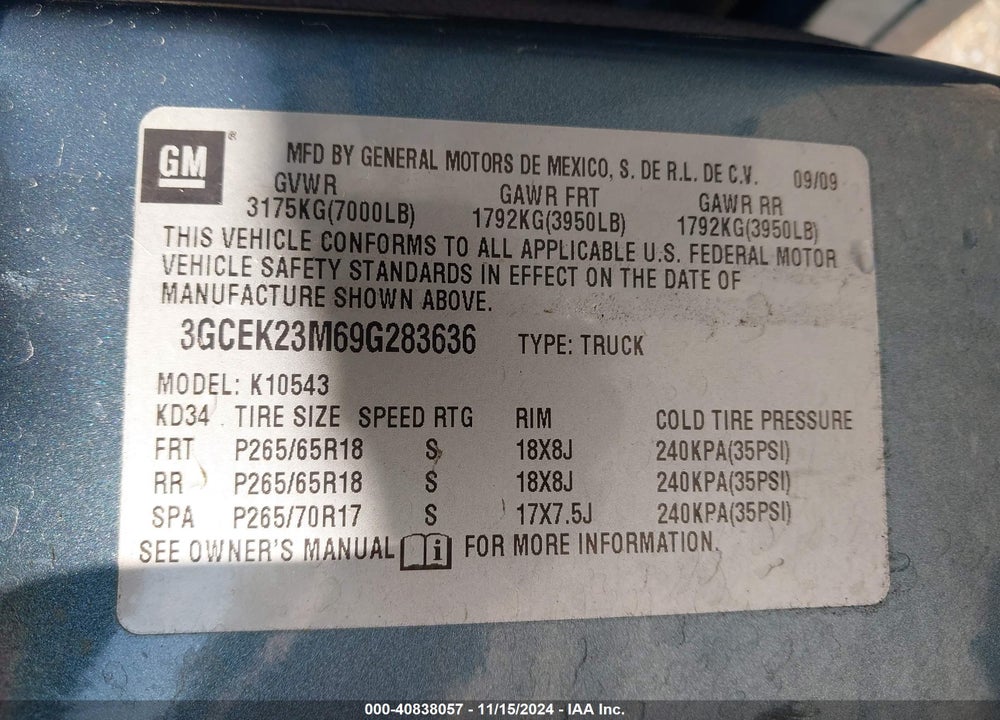 2009 CHEVROLET SILVERADO 1500 LT VIN: 3GCEK23M69G283636