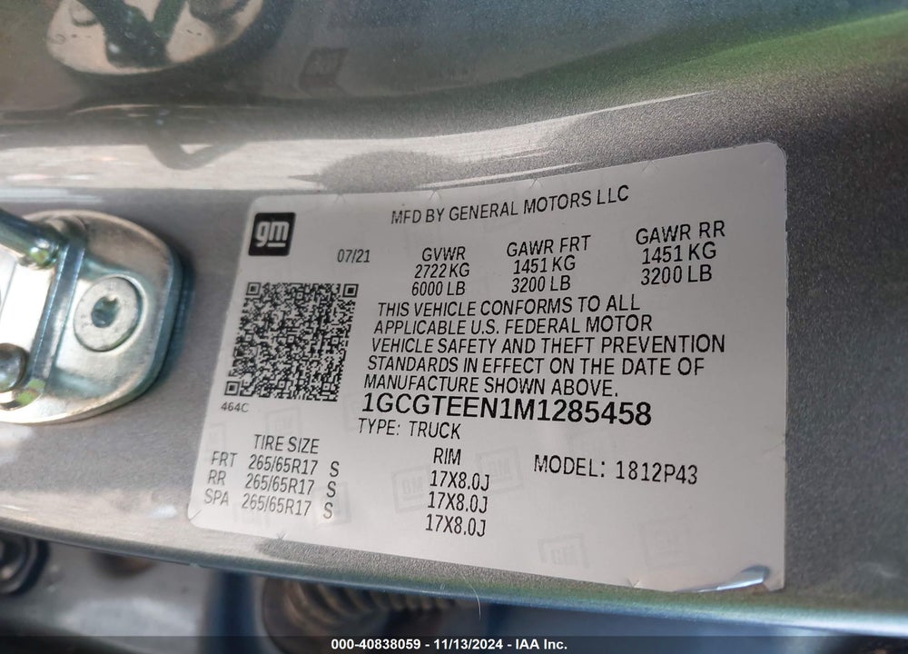 2021 CHEVROLET COLORADO 4WD SHORT BOX ZR2 VIN: 1GCGTEEN1M1285458