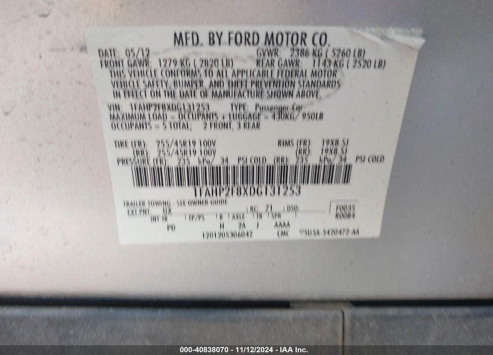 2013 FORD TAURUS LIMITED VIN: 1FAHP2F8XDG131253