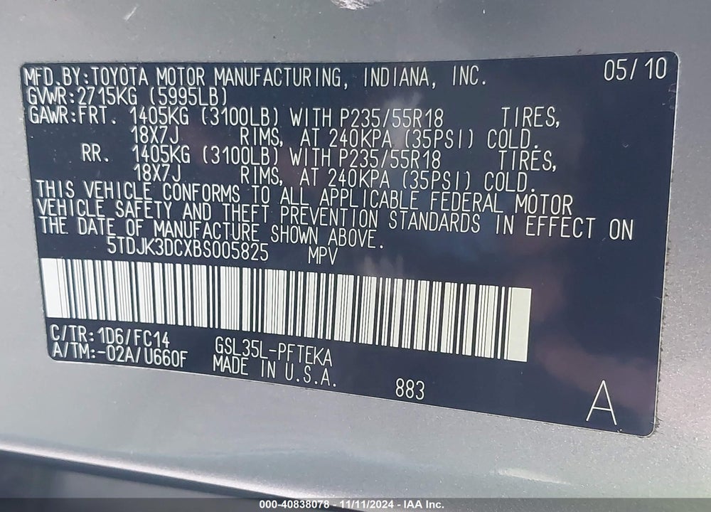 2011 TOYOTA SIENNA LE VIN: 5TDJK3DCXBS005825