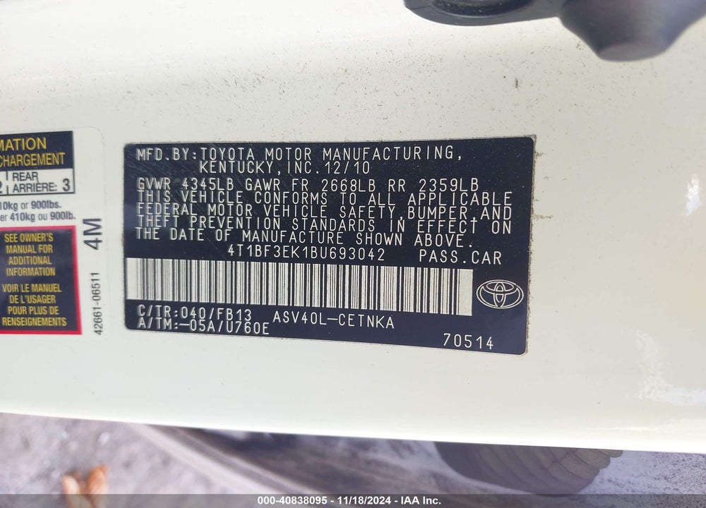 2011 TOYOTA CAMRY LE VIN: 4T1BF3EK1BU693042