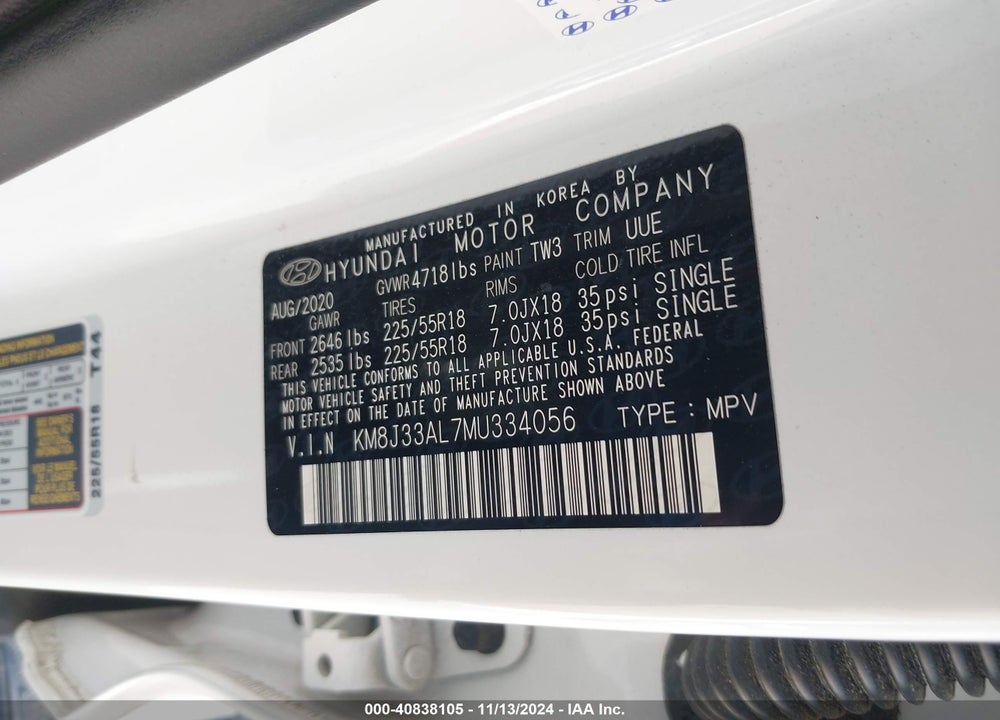 2021 HYUNDAI TUCSON SEL VIN: KM8J33AL7MU334056