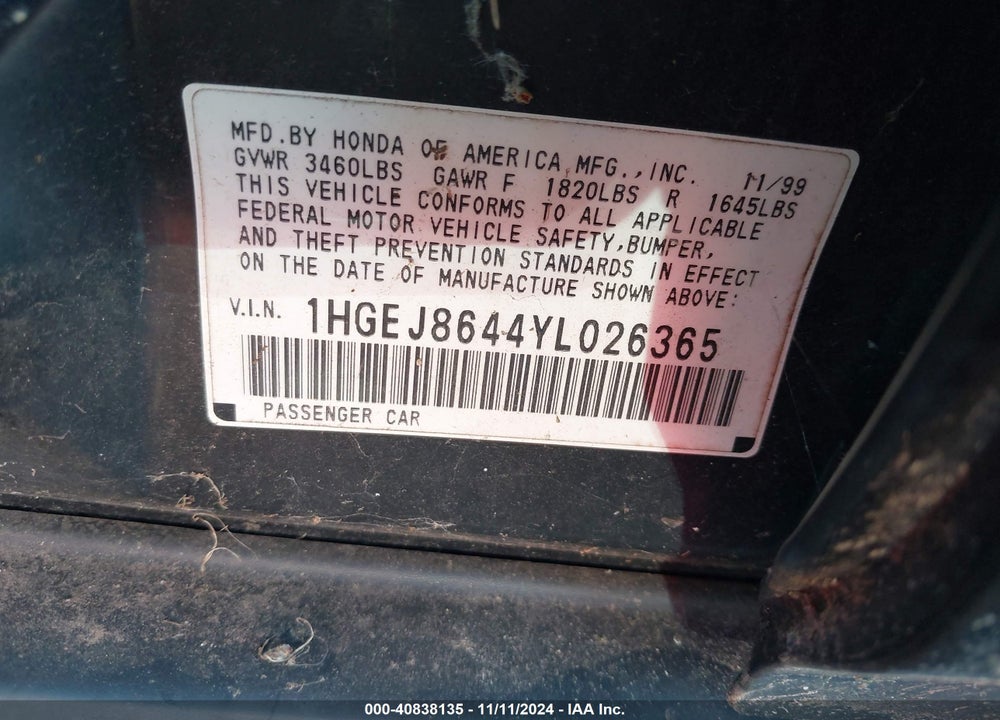 2000 HONDA CIVIC EX VIN: 1HGEJ8644YL026365