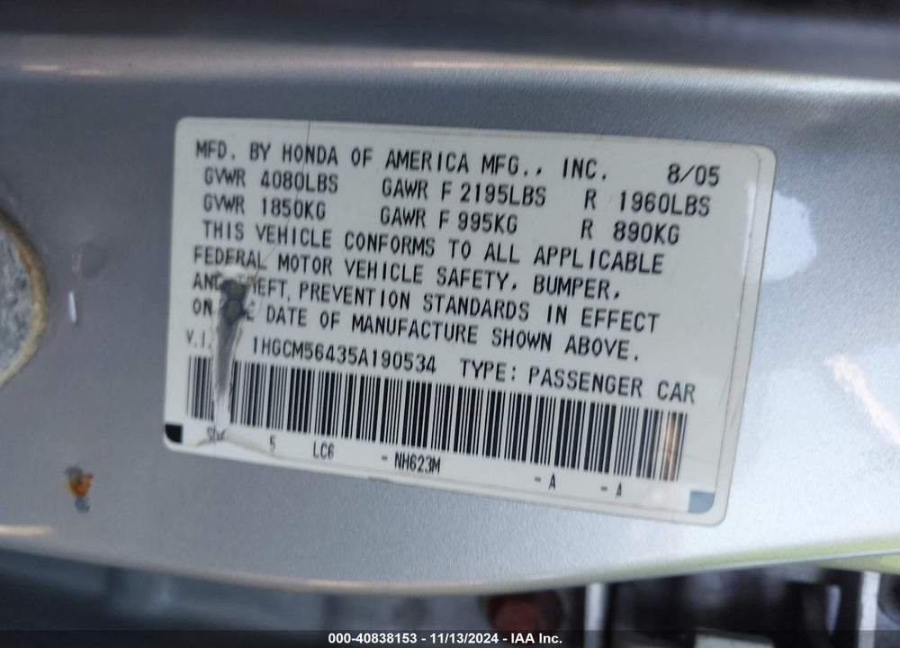 2005 HONDA ACCORD 2.4 LX VIN: 1HGCM56435A190534
