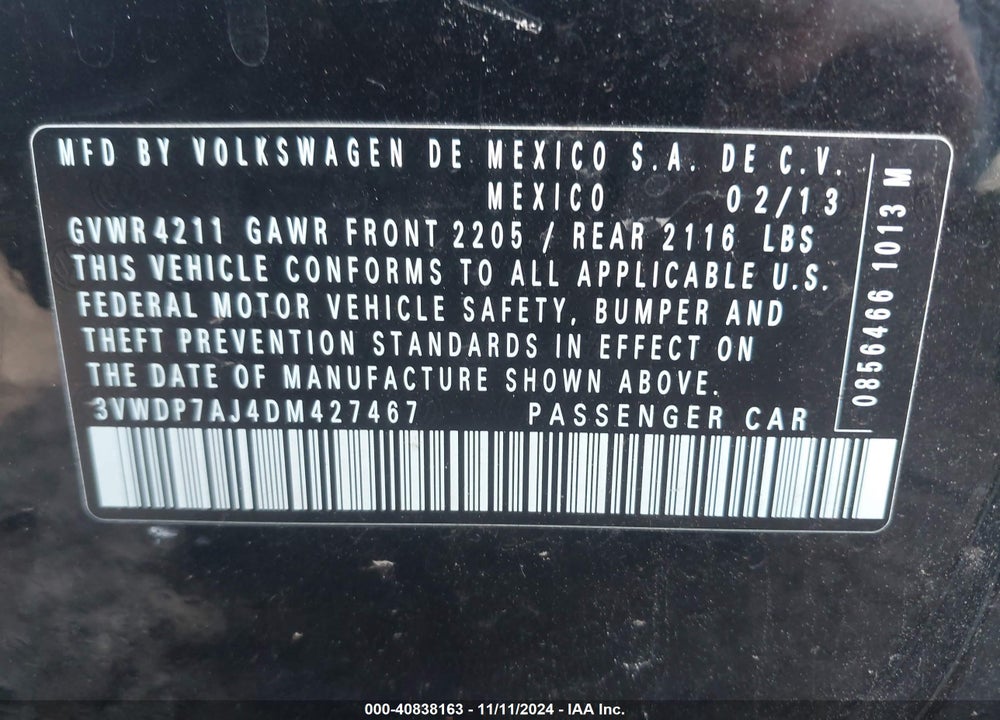 2013 VOLKSWAGEN JETTA 2.5L SE VIN: 3VWDP7AJ4DM427467