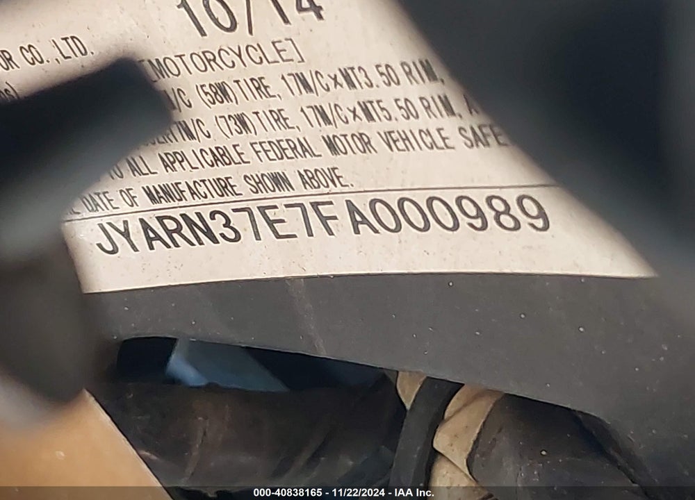 2015 YAMAHA FJ09 VIN: JYARN37E7FA000989