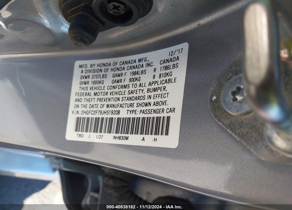 2018 HONDA CIVIC EX VIN: 2HGFC2F79JH519208