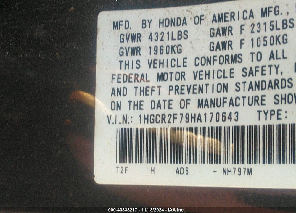 2017 HONDA ACCORD EX VIN: 1HGCR2F79HA170643