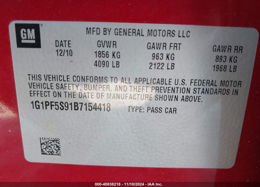 2011 CHEVROLET CRUZE 1LT VIN: 1G1PF5S91B7154418