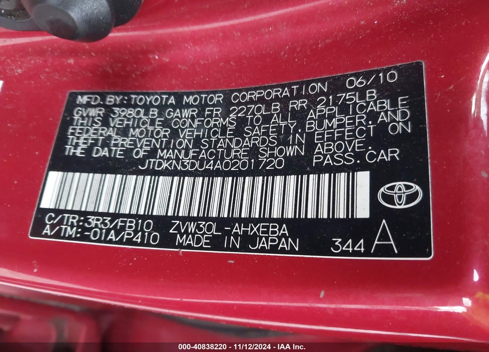 2010 TOYOTA PRIUS II VIN: JTDKN3DU4A0201720