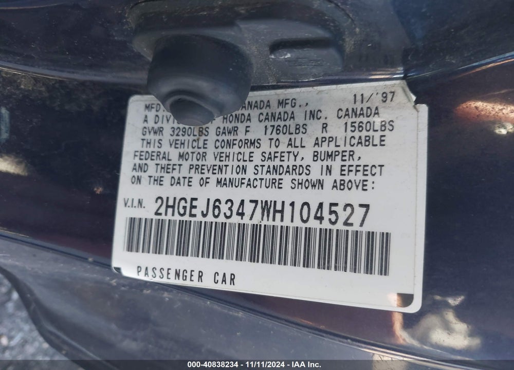 1998 HONDA CIVIC DX VIN: 2HGEJ6347WH104527