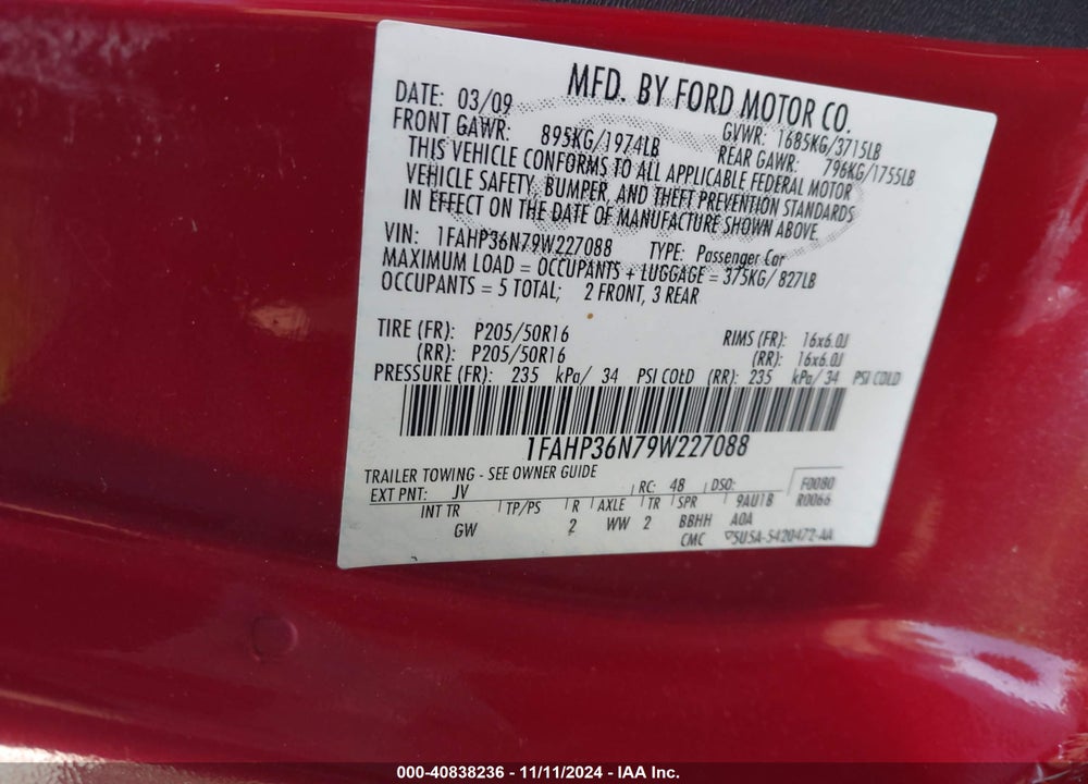 2009 FORD FOCUS SES VIN: 1FAHP36N79W227088