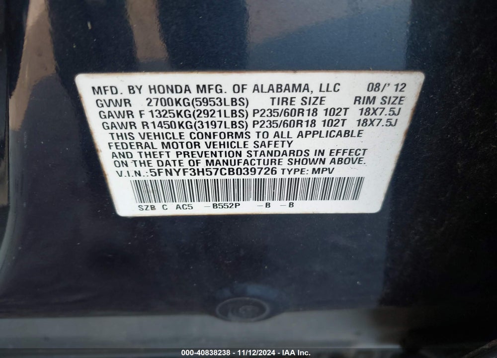 2012 HONDA PILOT EX-L VIN: 5FNYF3H57CB039726