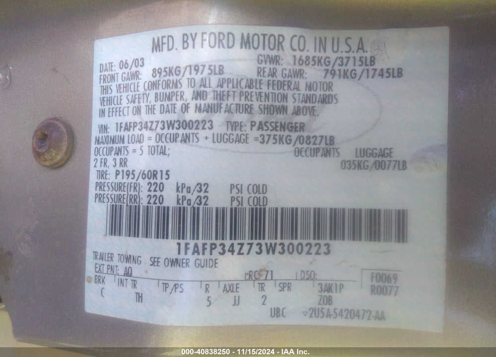 2003 FORD FOCUS SE VIN: 1FAFP34Z73W300223