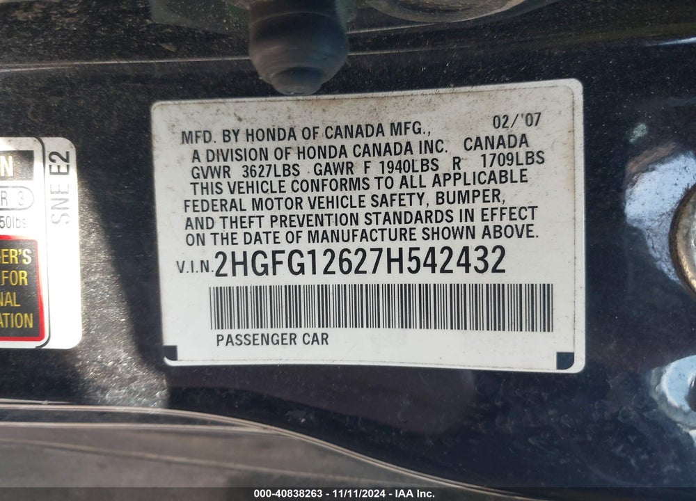 2007 HONDA CIVIC LX VIN: 2HGFG12627H542432