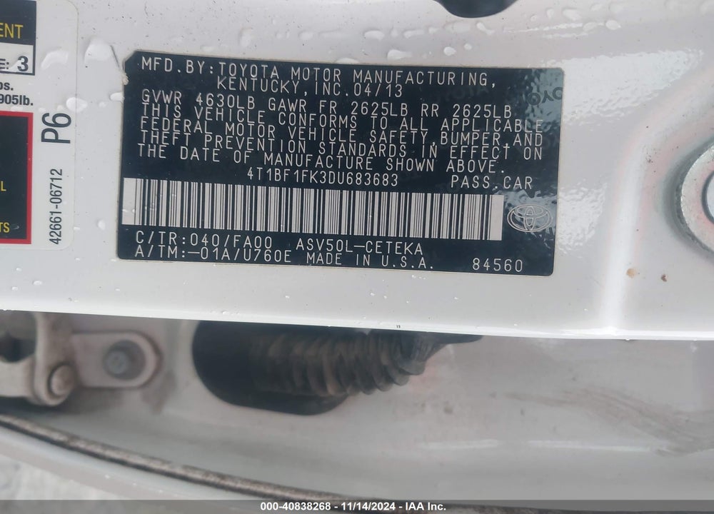 2013 TOYOTA CAMRY L VIN: 4T1BF1FK3DU683683