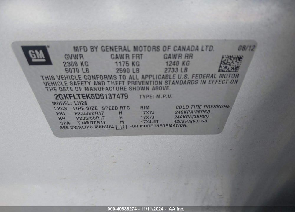 2013 GMC TERRAIN SLE-2 VIN: 2GKFLTEK5D6137479